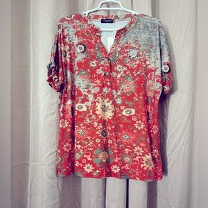 Sierra sunset knit blouse, folded cuff on sleeve, 2 button detail, 2x